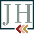 Jamie Hardin's Branded Icon with her initials in Sage Green surrounded by a black box with three arrows in cranberry red, light pink, and mustard yellow, LGBTQ+ friendly Houston Wedding Photographer
