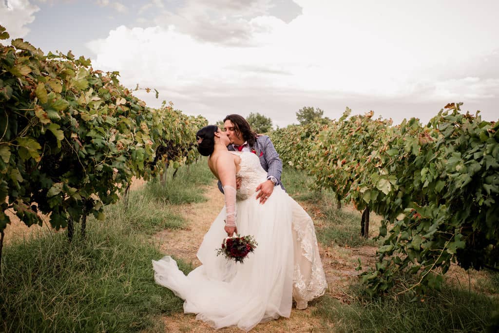 texas bride and groom share a kiss as newlyweds at the messina hof winery vineyards after eloping